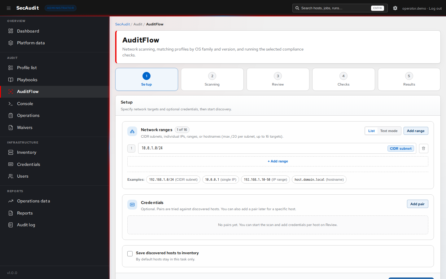 AuditFlow wizard showing network discovery and profile matching
