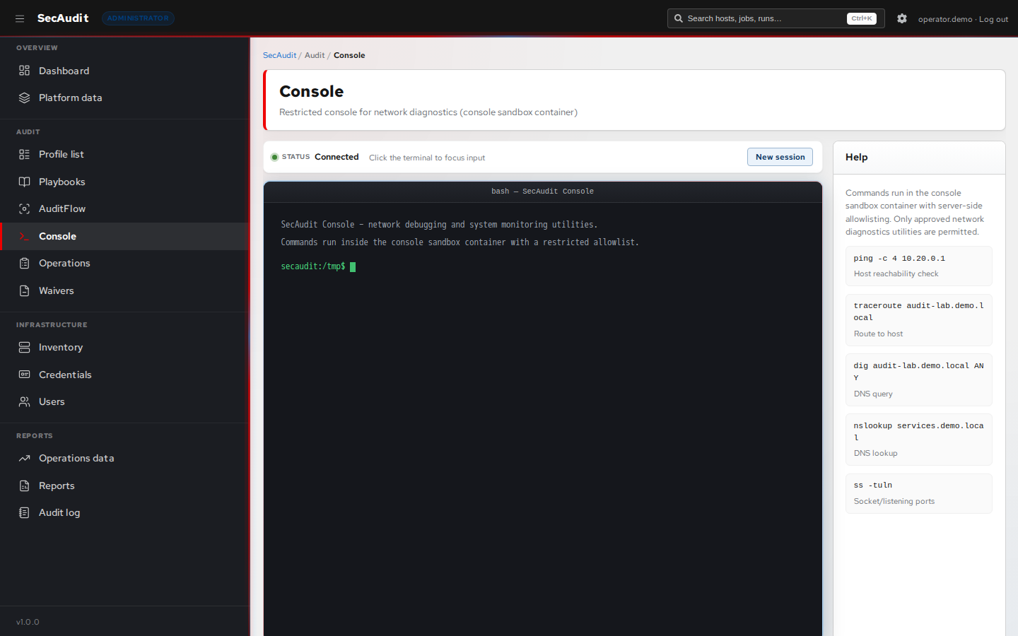 Interactive console showing the command editor and live output