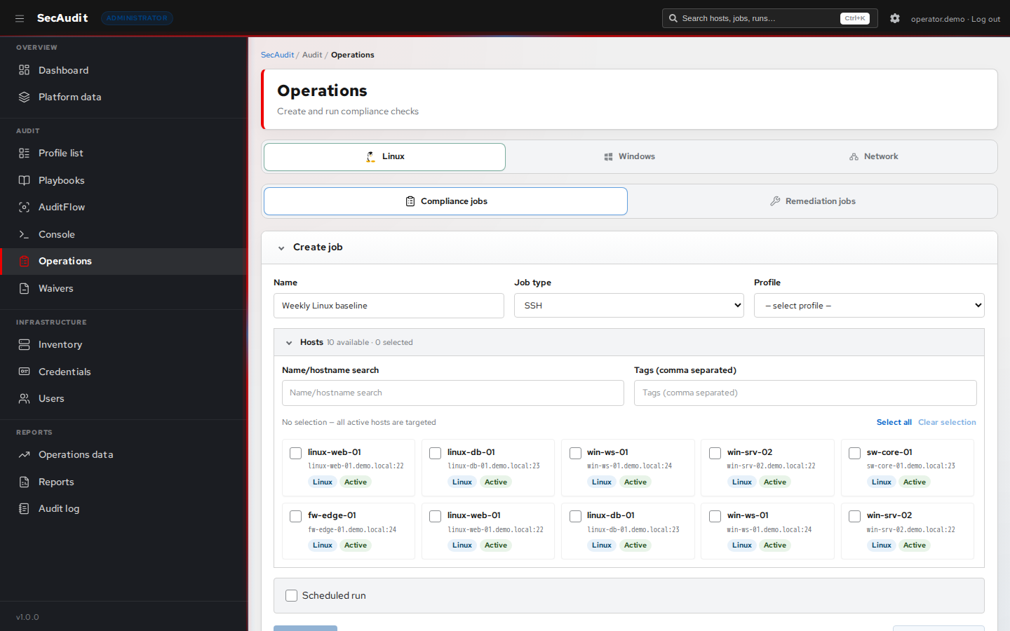 Operations Center showing compliance jobs and target selection