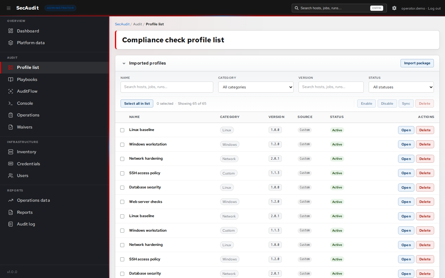 Profile catalog showing imported profiles, filters, and versions