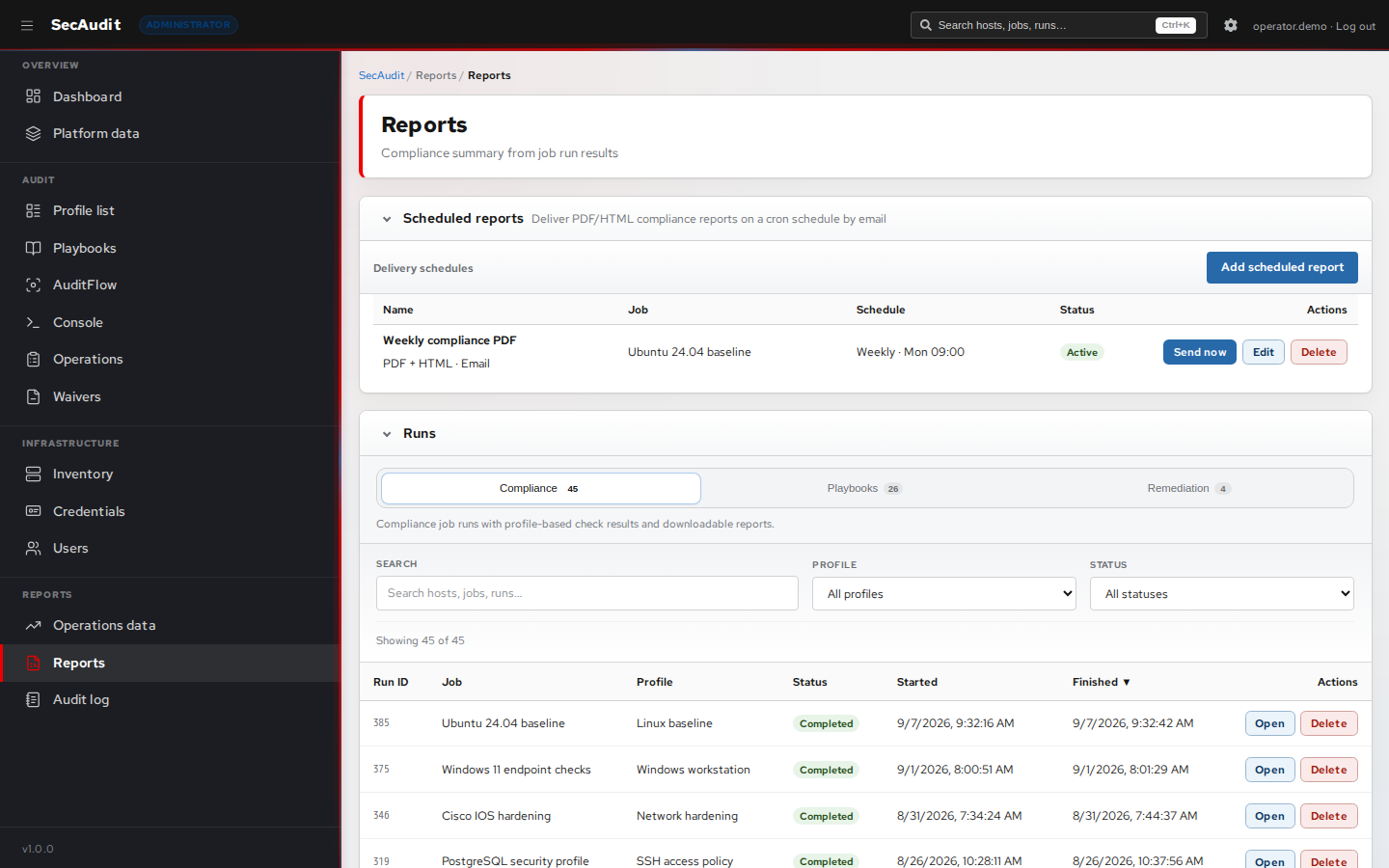 Executive reports showing export formats, schedules, and run history